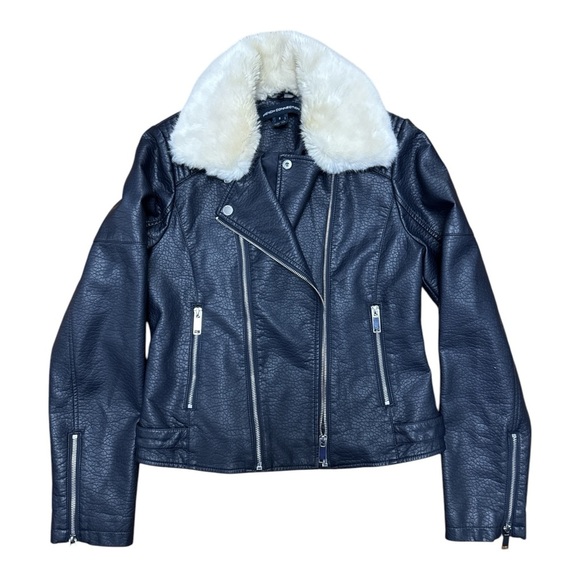 French Connection Leather Jacket Black and White Faux Fur Collar - Picture 2 of 6